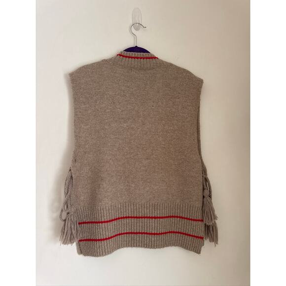 Free People India Tassel Knit V-Neck Sweater Vest in Taupe with Red Stripes-OS - Picture 5 of 8